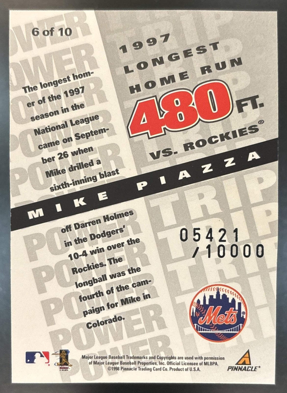 1998 Pinnacle Performers Power Trip #6 Mike Piazza /10000 New York Mets