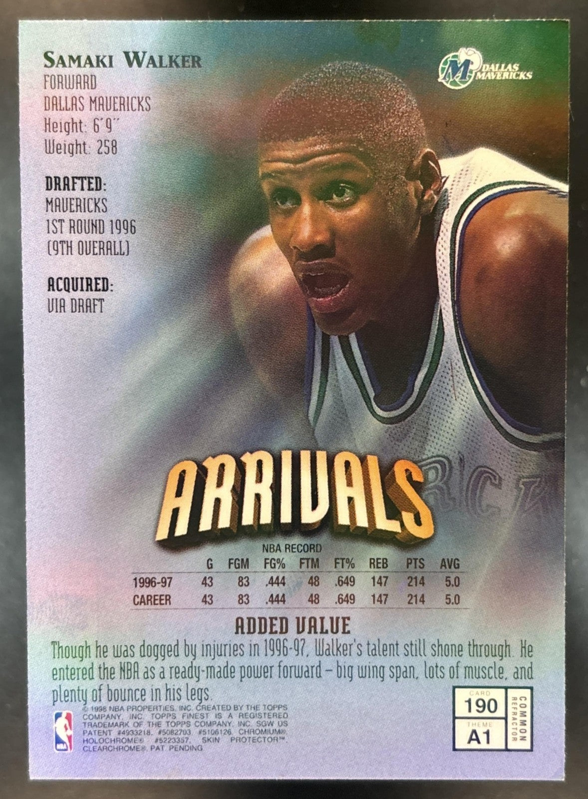 1997-98 Topps Finest Samaki Walker Refractor #190 Bronze Dallas Mavericks