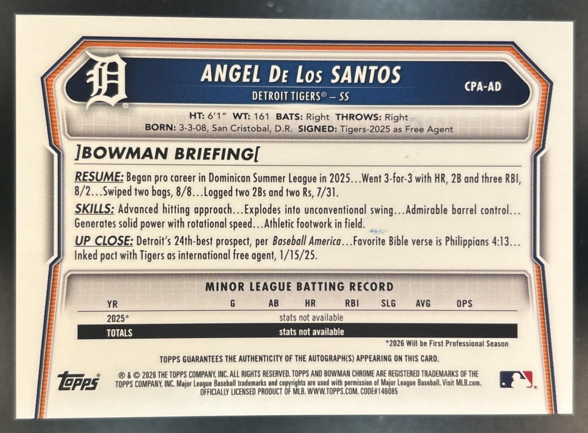 2026 Bowman Chrome Angel De Los Santos Auto #CPA-AD 1st Prospect Detroit Tigers