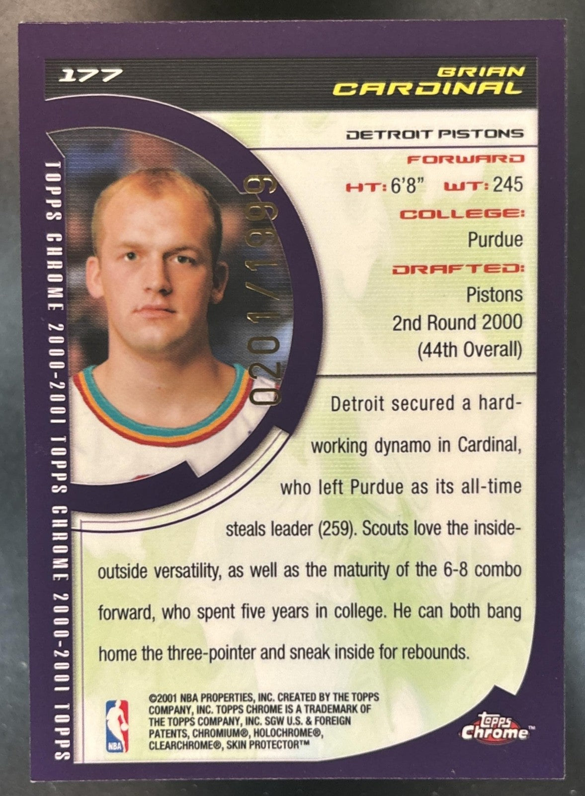 2000-01 Topps Chrome Brian Cardinal /1999 #177 RC Detroit Pistons