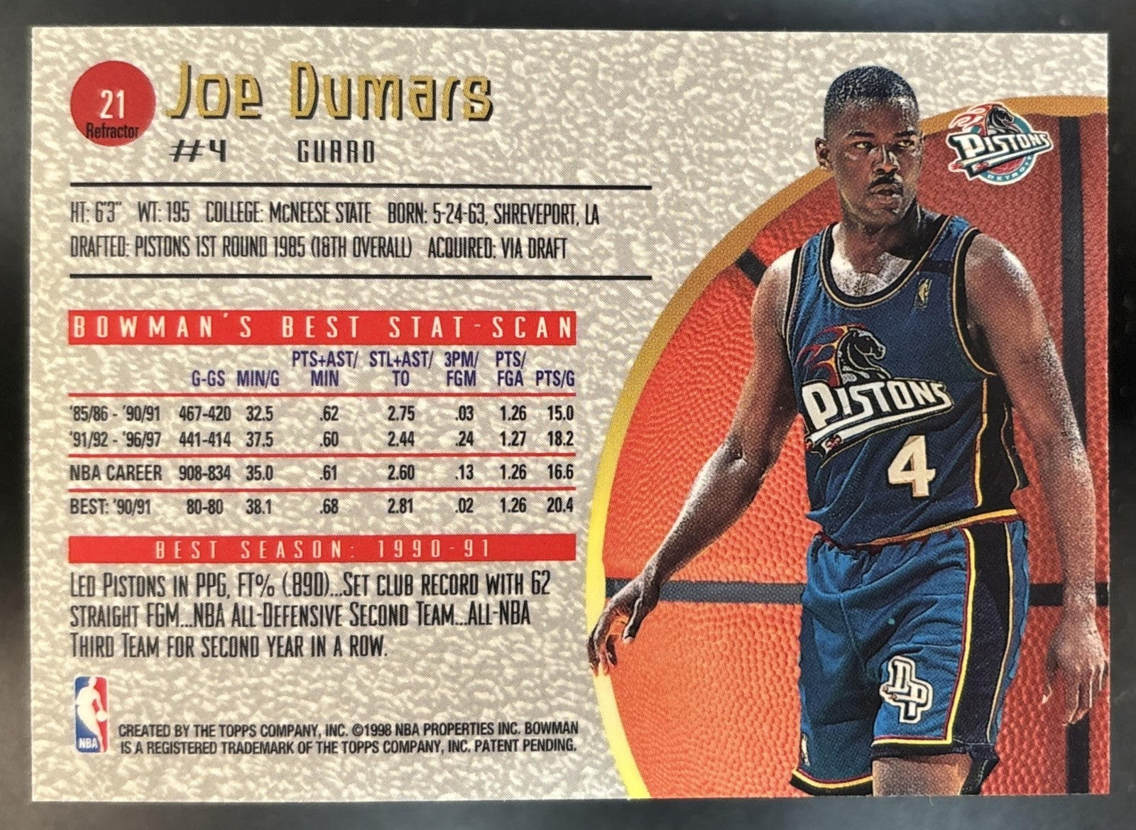 1997-98 Bowman's Best Joe Dumars Refractor #21 Detroit Pistons