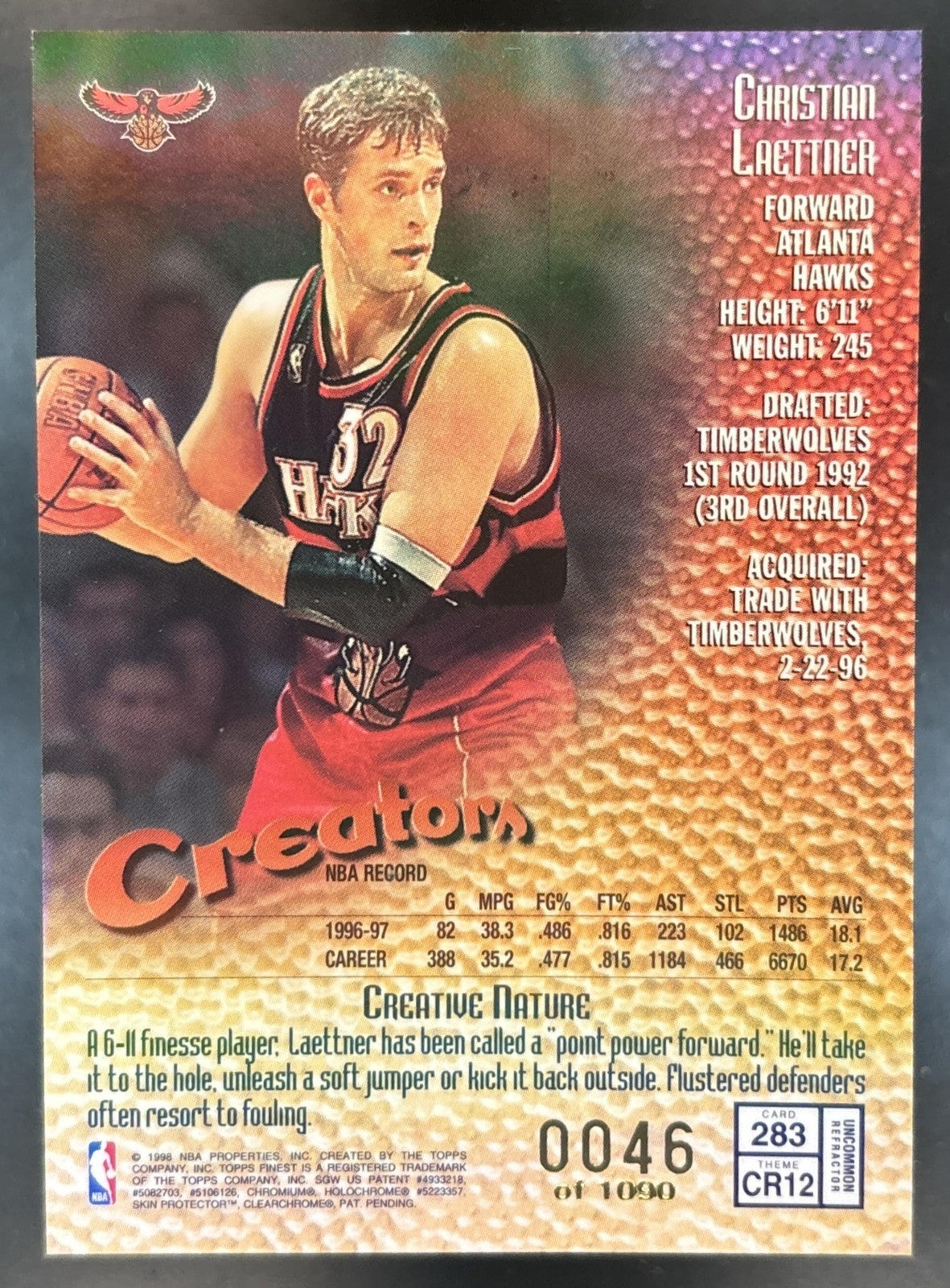 1997-98 Topps Finest Christian Laettner Refractor /1090 #283 Atlanta Hawks