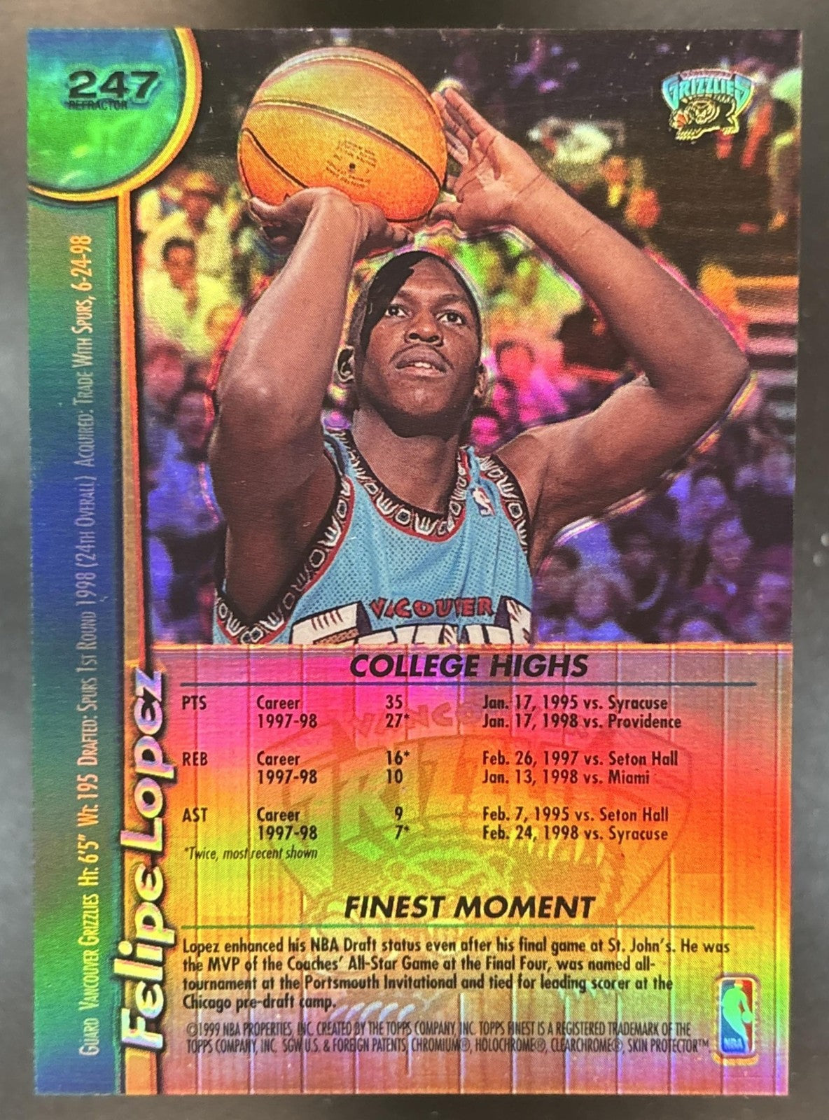 1998-99 Topps Finest Felipe Lopez No Protector Refractor #247 RC Grizzlies