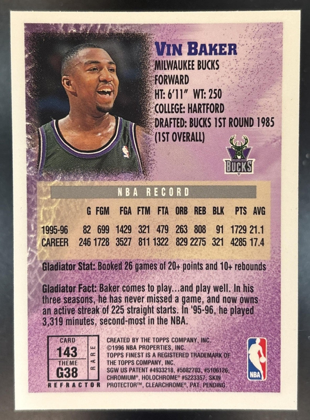 1996-97 Topps Finest Vin Baker Gold #143 Milwaukee Bucks
