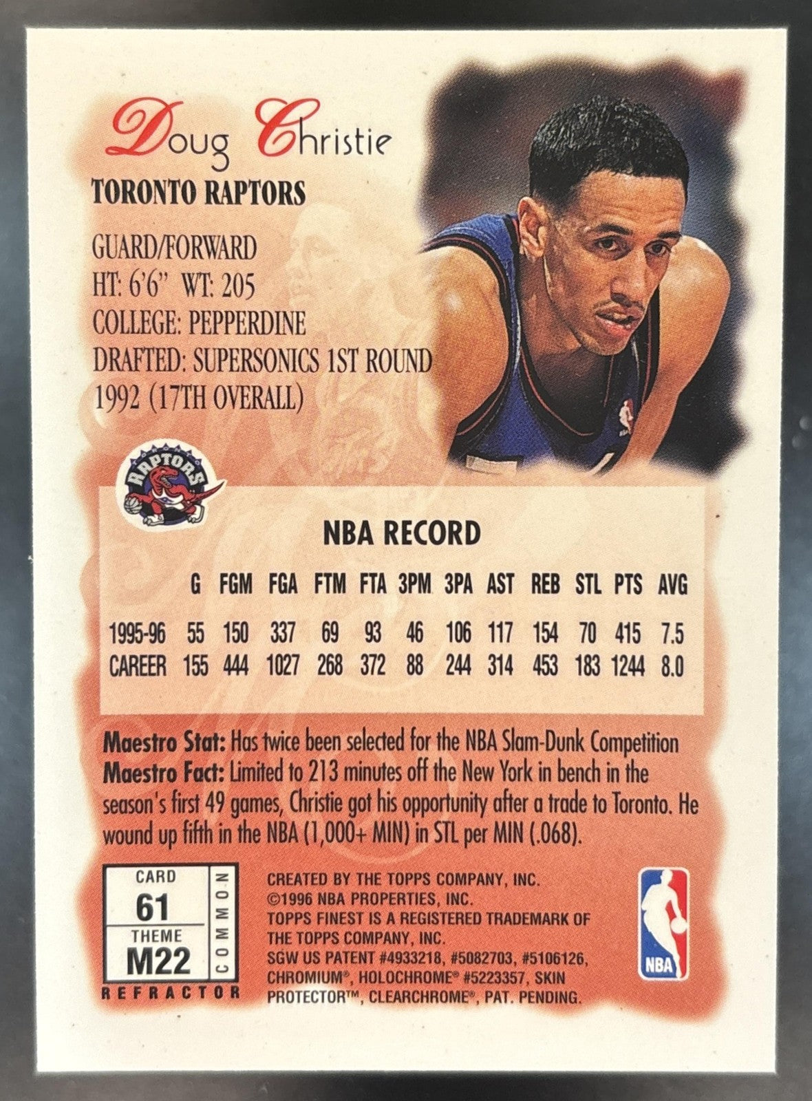 1996-97 Topps Finest Doug Christie Bronze Refractor #61 Toronto Raptors