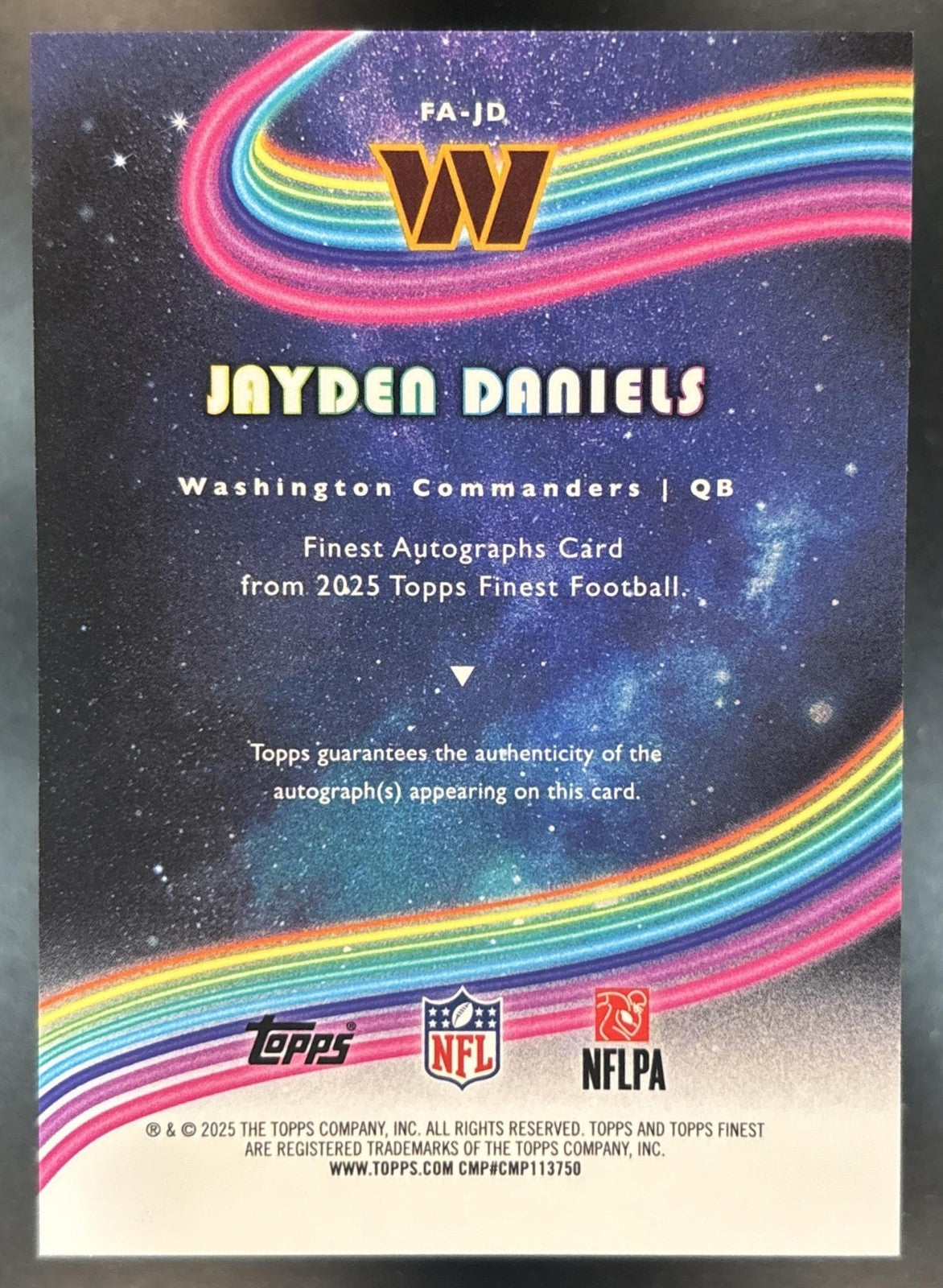 2025 Topps Finest Jayden Daniels Auto Blue Refractor /99 Washington Commanders