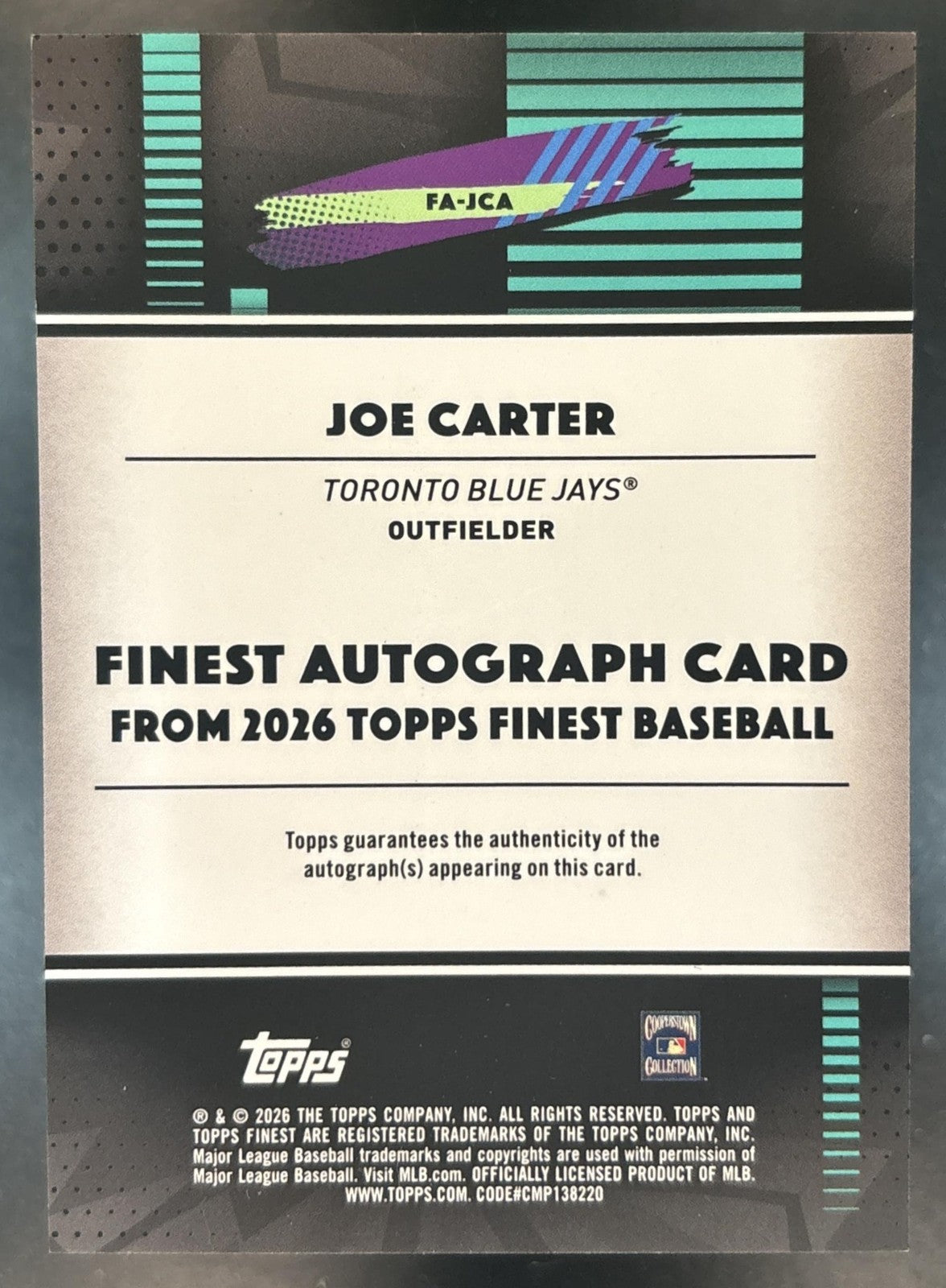 2026 Topps Finest Joe Carter Auto Purple Refractor /75 #FA-JCA Toronto Blue Jays