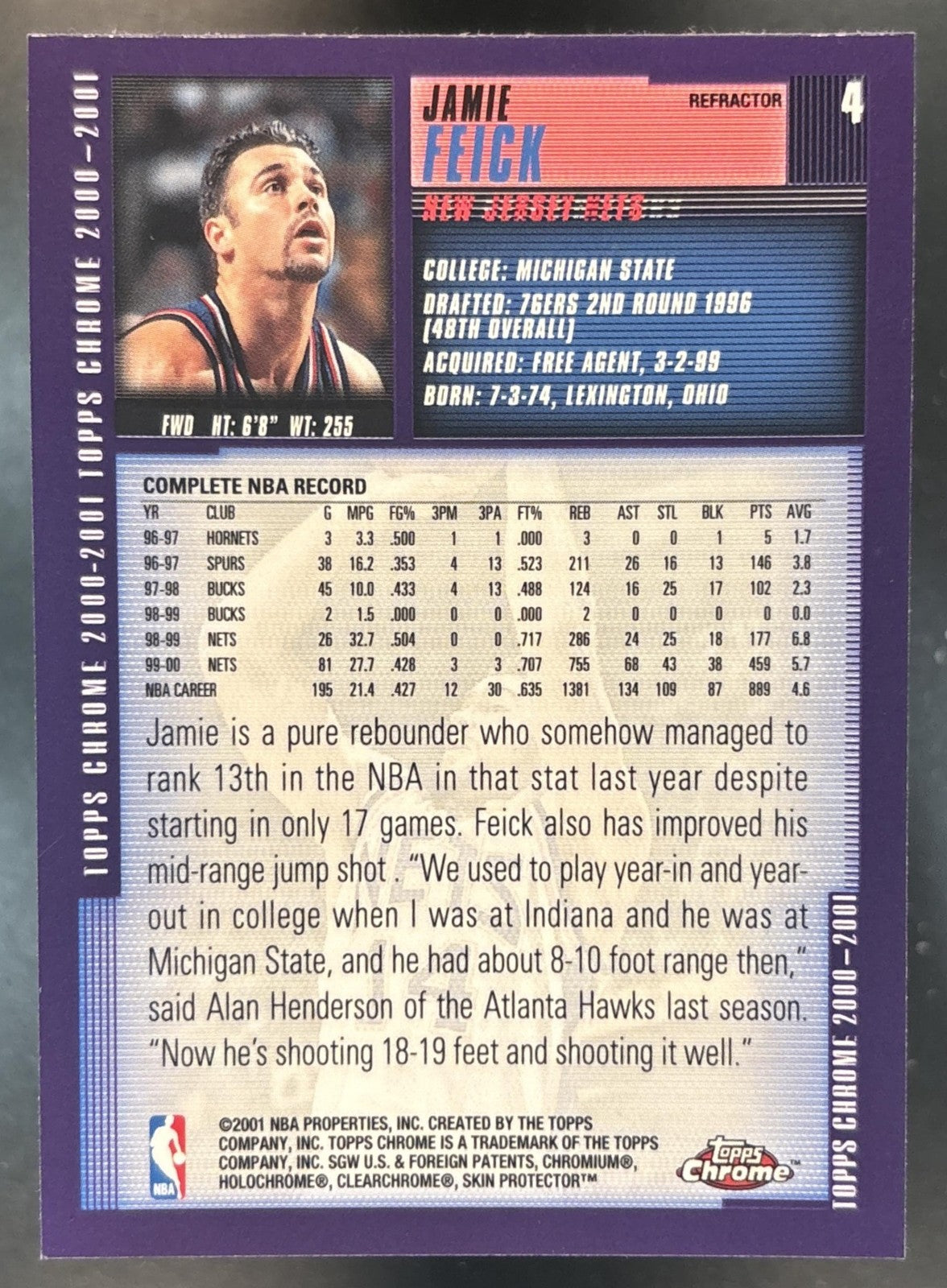 2000-01 Topps Chrome Jamie Feick Refractor #4 New Jersey Nets