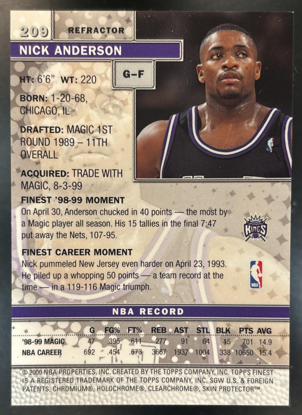 1999-00 Topps Finest Nick Anderson Refractor #209 Sacramento Kings