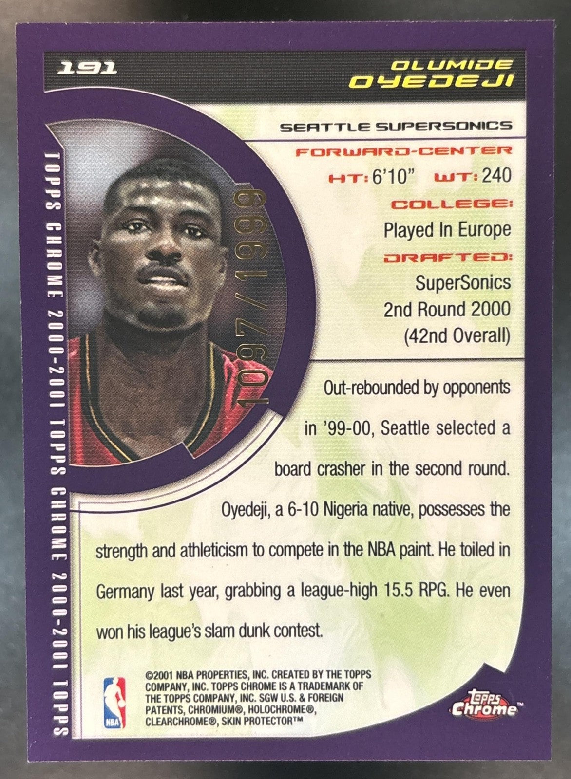 2000-01 Topps Chrome Olumide Oyedeji /1999 #191 RC Seattle SuperSonics