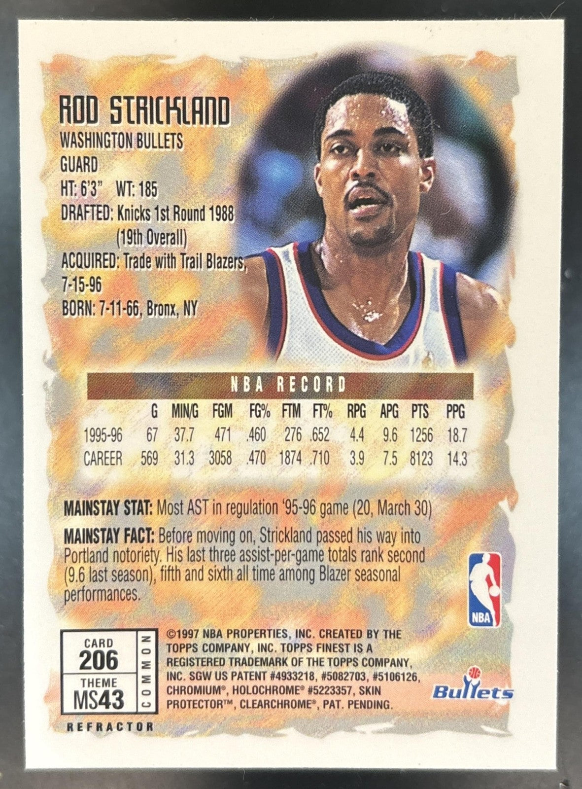 1996-97 Topps Finest Rod Strickland Bronze Refractor #206 Washington Bullets