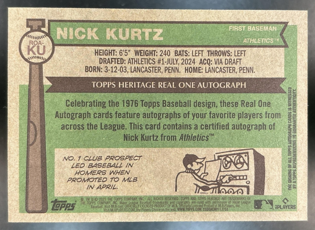 2025 Topps Heritage High Number Nick Kurtz Real One Auto #ROA-KU RC Athletics