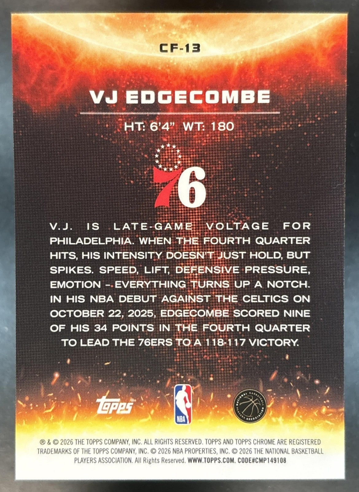 2025-26 Topps Chrome Black VJ Edgecombe Carbon Flare SP RC Philadelphia 76ers