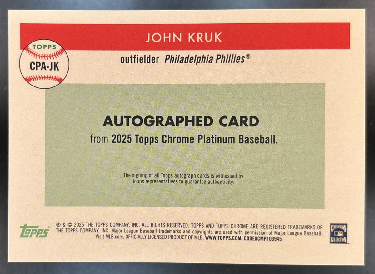 2025 Topps Chrome Platinum Anniversary John Kruk Auto Toile Cream/Blue /99