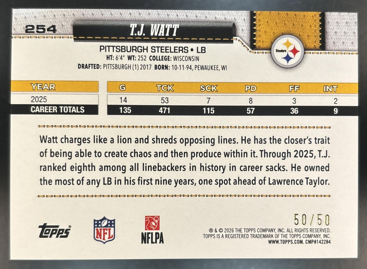 2026 Topps T.J. Watt Gold Rainbow Foil 50/50 #254 Pittsburgh Steelers