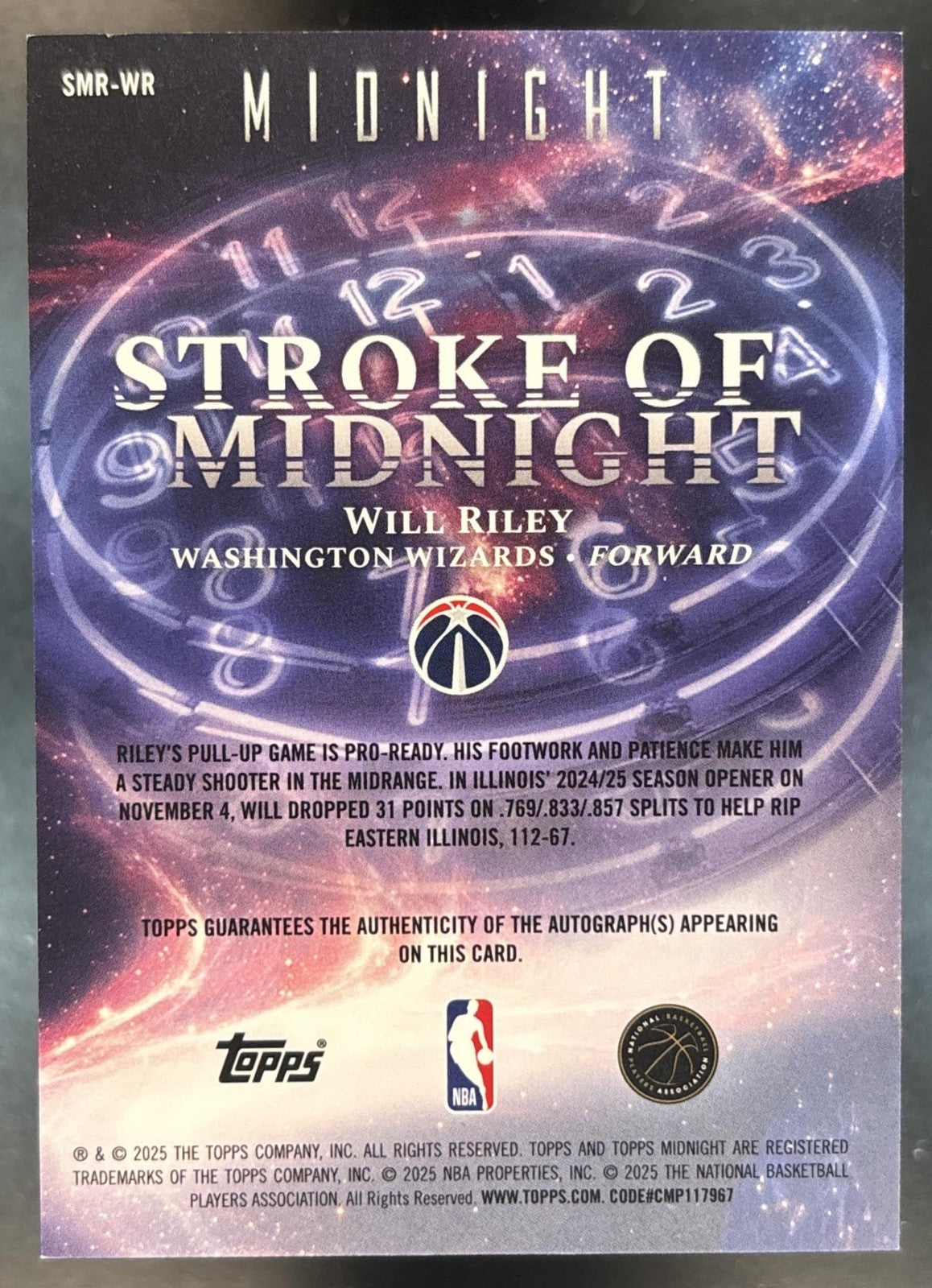 2025-26 Topps Midnight Will Riley Stroke of Midnight Auto /50 Washington Wizards