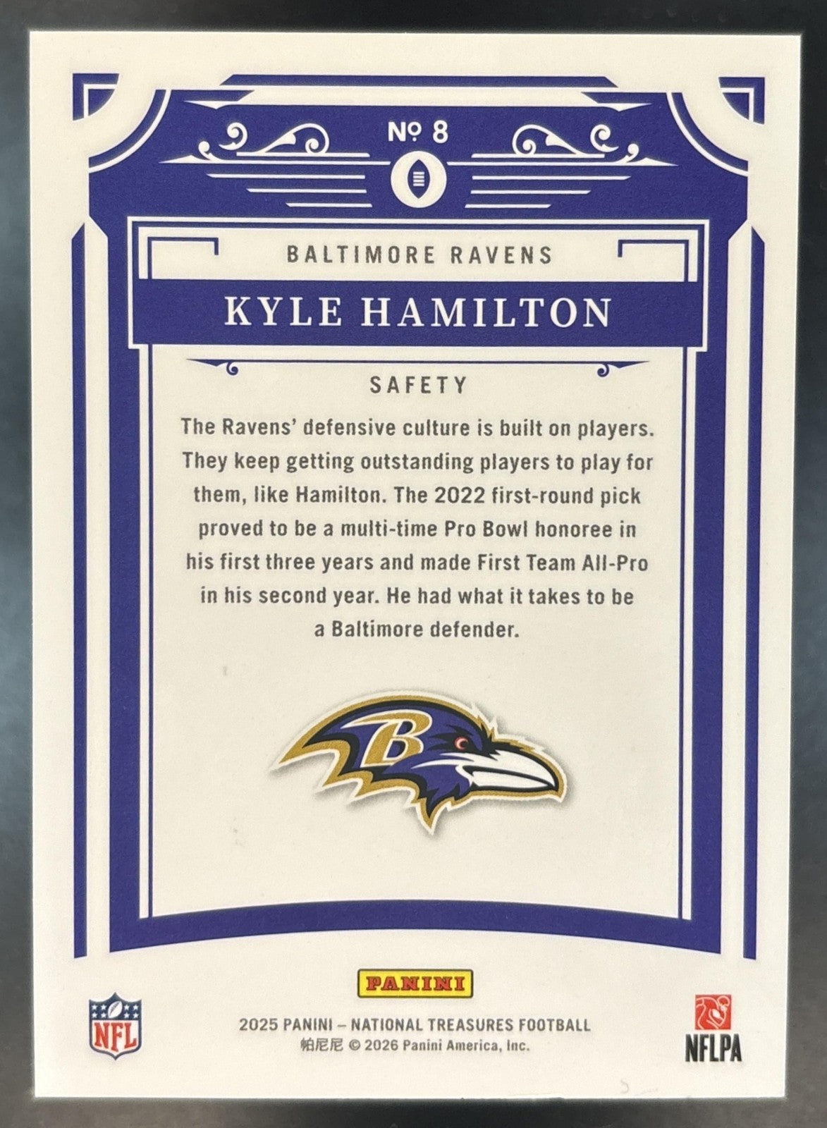 2025 Panini National Treasures Kyle Hamilton Jersey Number Red 14/14 #8 Ravens