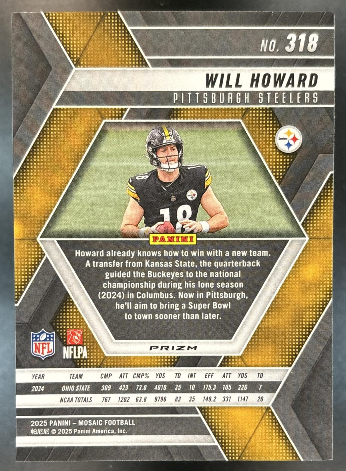 2025 Panini Mosaic Will Howard Rookies Genesis Prizm #318 RC Pittsburgh Steelers