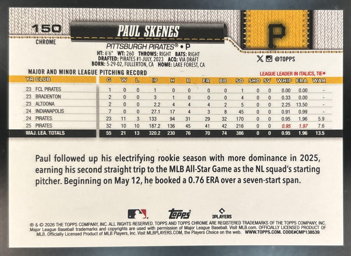 2026 Topps Chrome Paul Skenes White Refractor /30 #150 Pittsburgh Pirates