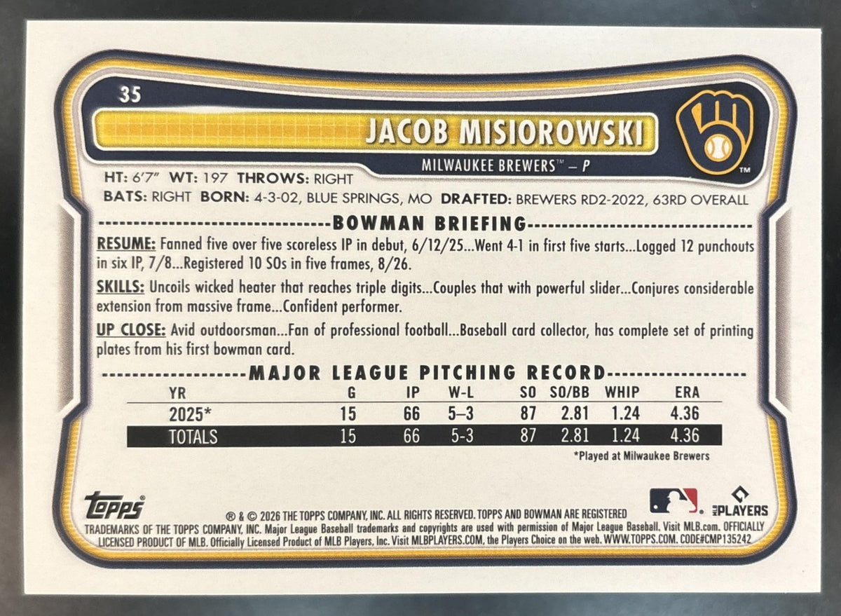 2026 Bowman Jacob Misiorowski Neon Green /399 #35 RC Milwaukee Brewers