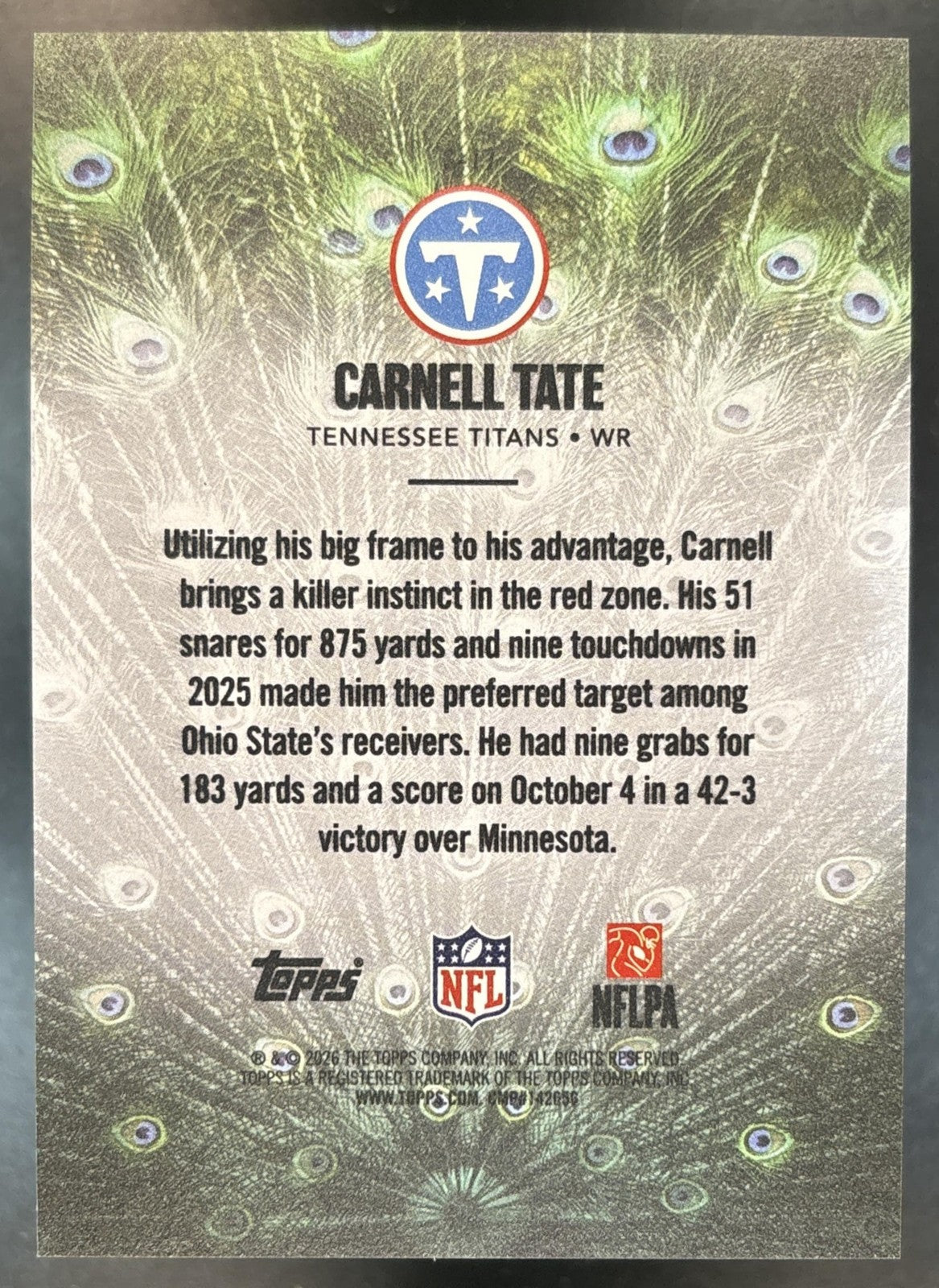 2026 Topps Carnell Tate Struttin' #S-17 SP RC Tennessee Titans