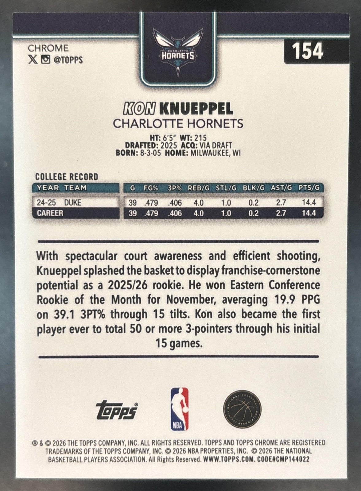 2025-26 Topps Chrome Update Kon Knueppel Green /99 #154 RC Charlotte Hornets