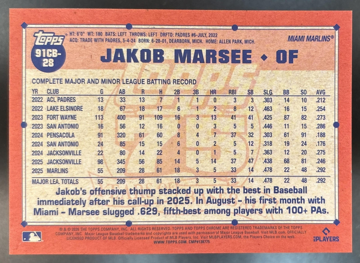 2026 Topps Chrome LogoFractor Jakob Marsee 1991 Orange /25 #91CB-28 RC Marlins