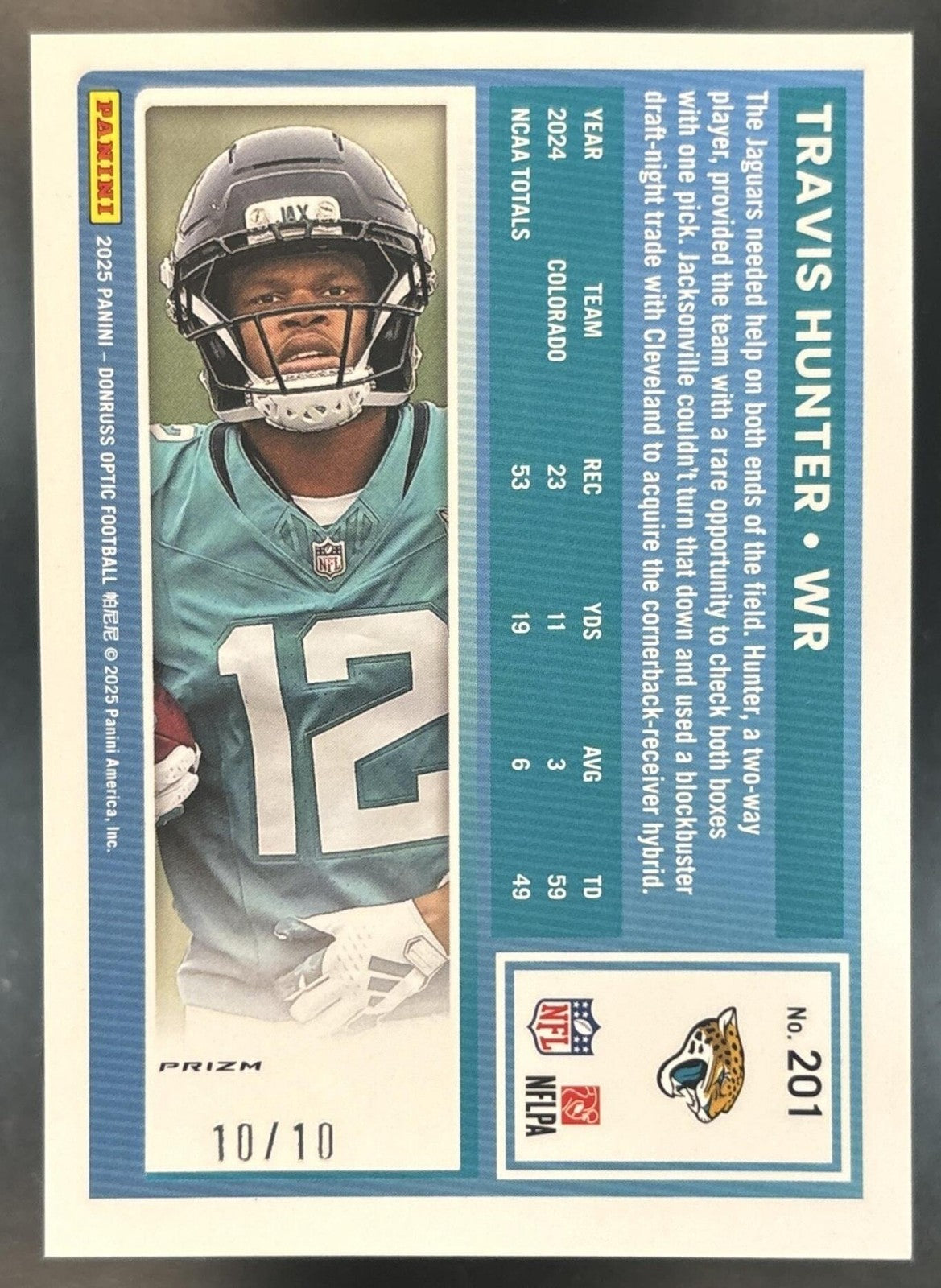 2025 Donruss Optic Travis Hunter True Gold 10/10 #301 Jacksonville Jaguars