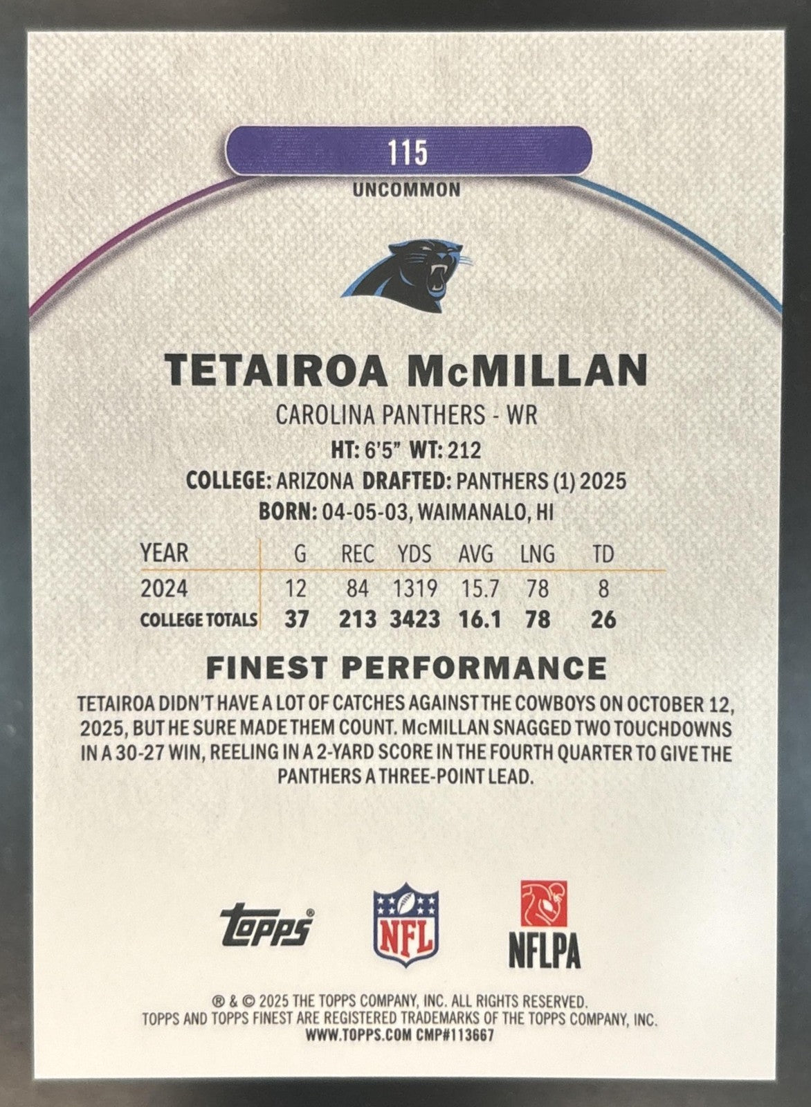 2025 Topps Finest Tetairoa McMillan Orange Geometric /20 #115 RC Panthers
