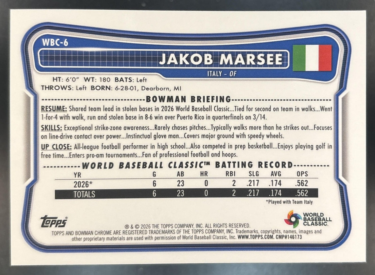 2026 Bowman Chrome Jakob Marsee WBC Flag Variation Blue Refractor /150 #WBC-6 RC
