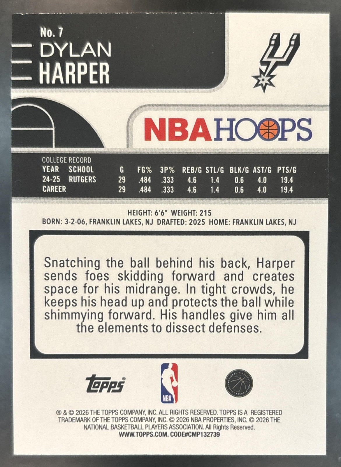 2025-26 Topps Hoops Dylan Harper Light Burst Blue /149 #7 RC San Antonio Spurs