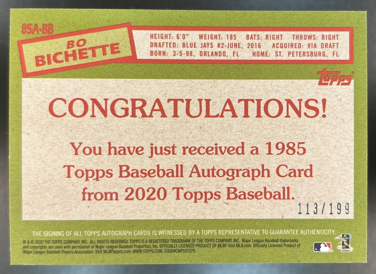 2020 Topps Bo Bichette 1985 35th Anniversary Auto Black /199 RC Blue Jays