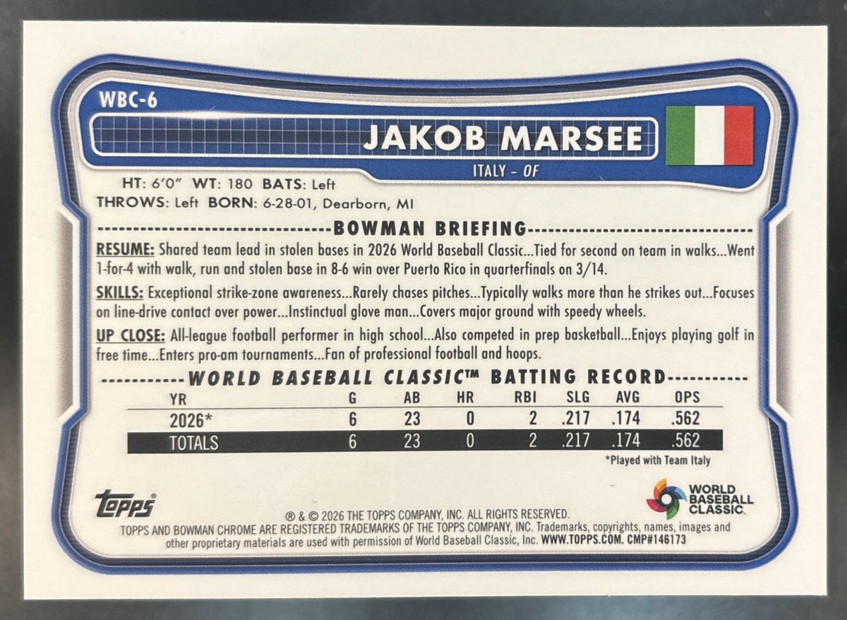 2026 Bowman Chrome Jakob Marsee WBC Flag Variation Green Refractor /99 #WBC-6 RC