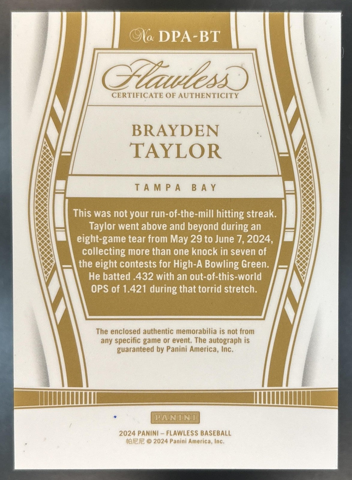 2024 Panini Flawless Brayden Taylor Draft Patch Auto /25 #DPA-BT Tampa Bay Rays