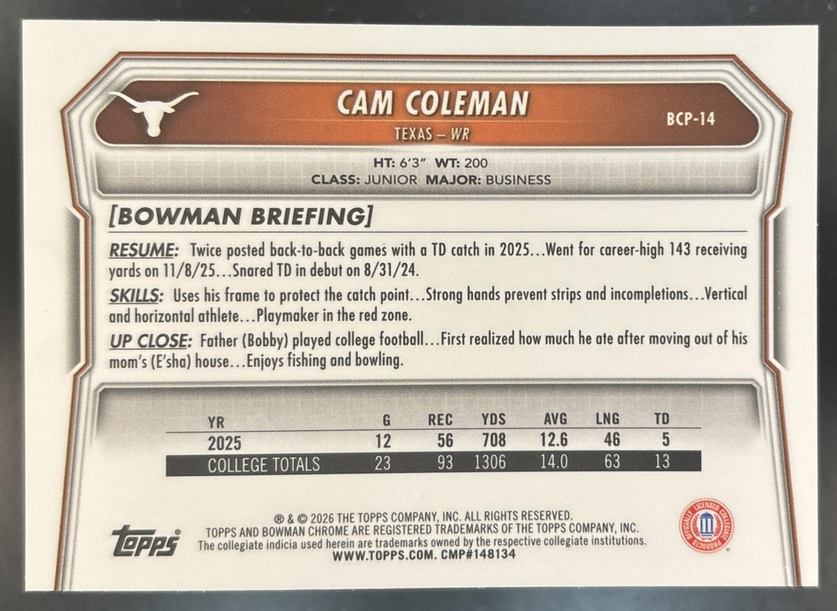 2026 Bowman Cam Coleman Chrome Yellow /275 #BCP-14 1st Prospect Texas Longhorns