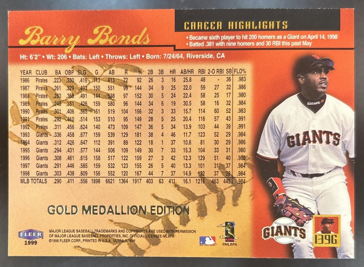 1999 Fleer Ultra Barry Bonds Gold Medallion DJ1 #139G San Francisco Giants