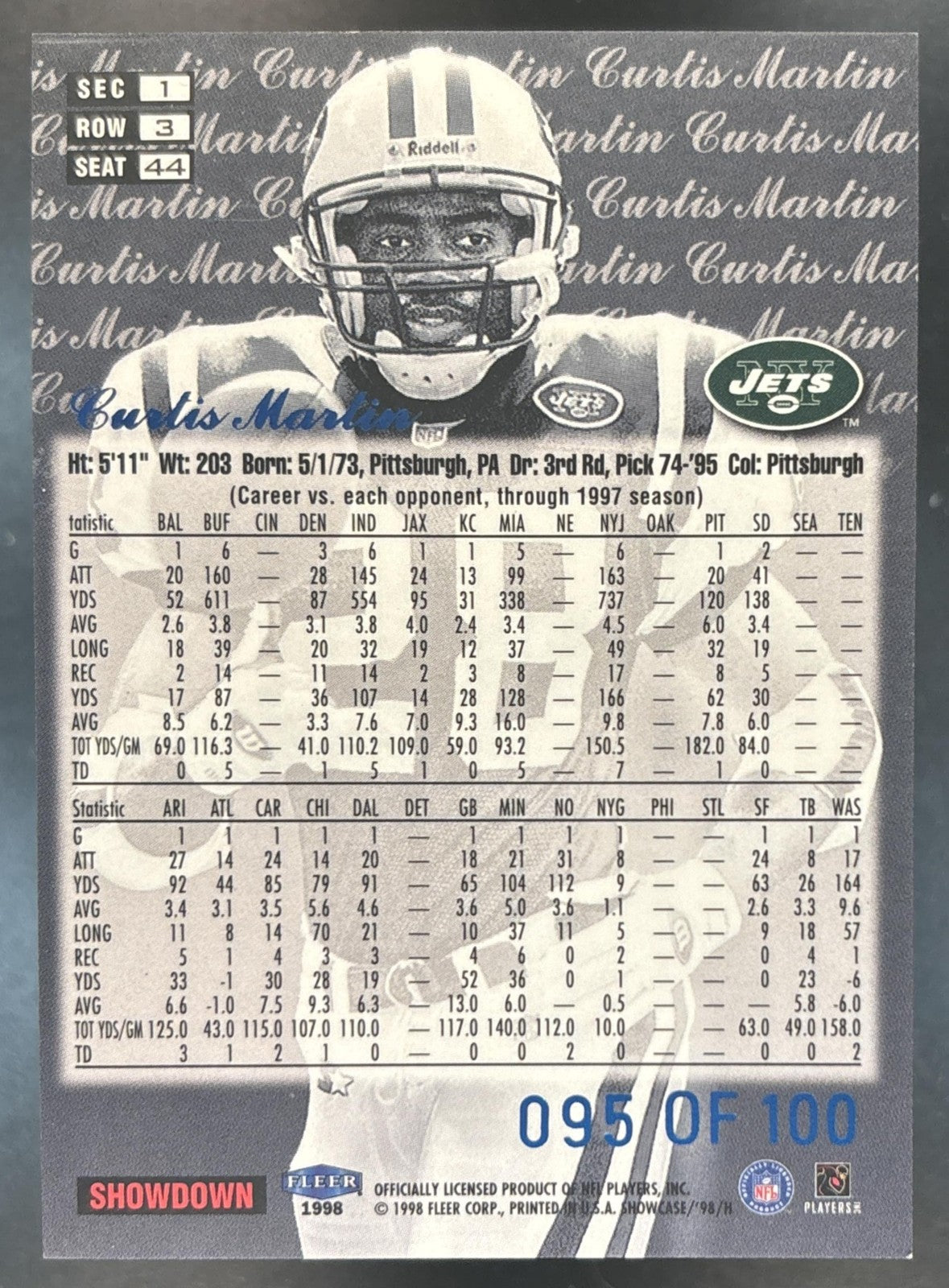 1998 Fleer Flair Showcase Curtis Martin Row 3 #44 /100 New York Jets