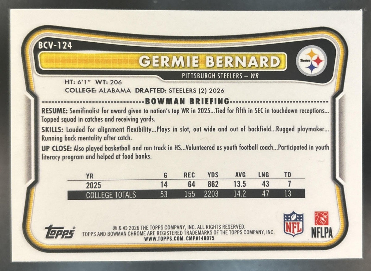 2026 Bowman Germie Bernard Chrome NFL Purple /75 #BCV-124 RC Pittsburgh Steelers