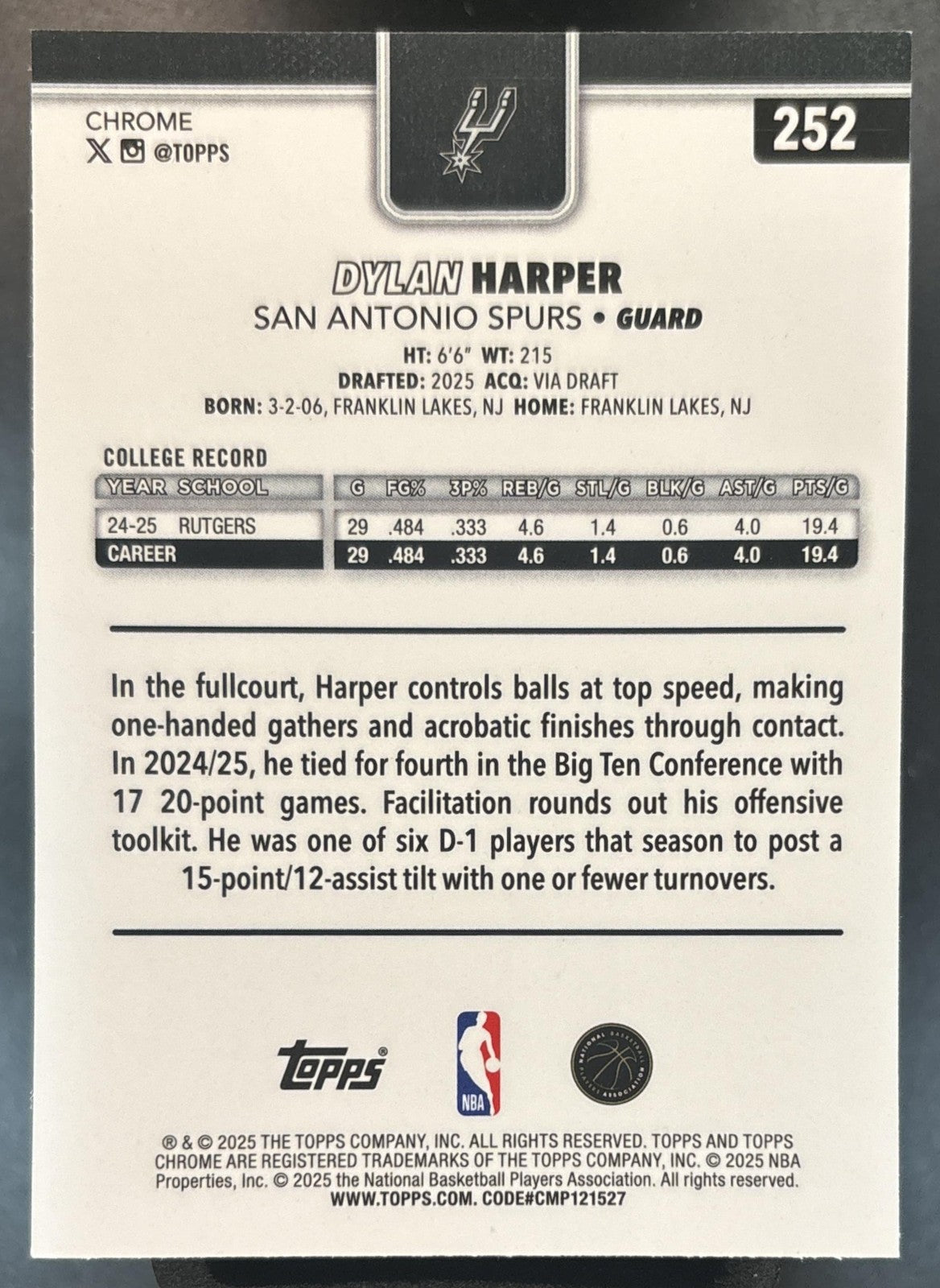 2025-26 Topps Chrome Dylan Harper X-Fractor #252 RC Spurs