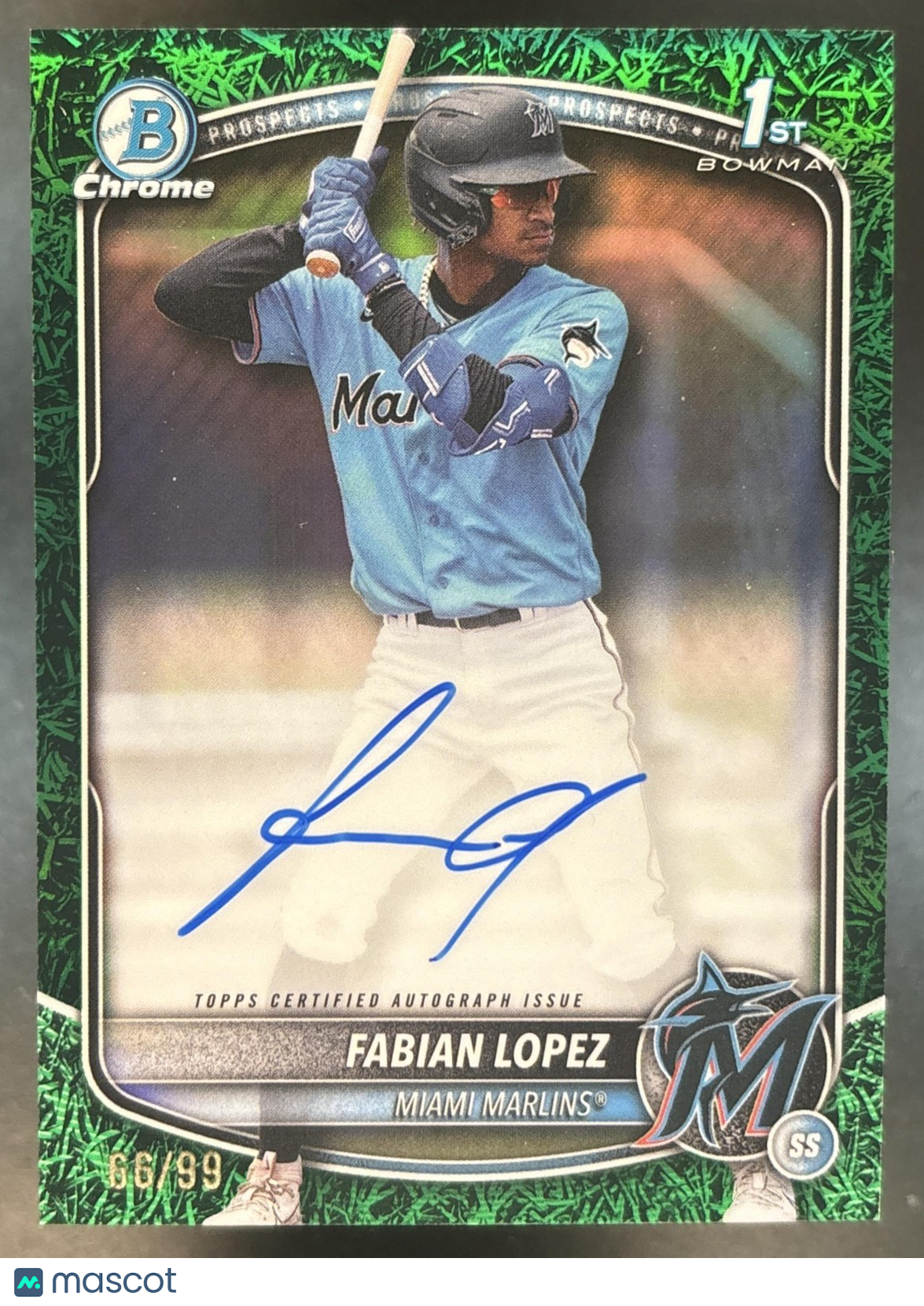 2025 Bowman Fabian Lopez Chrome Auto Green Grass /99 1st Prospect Miami Marlins