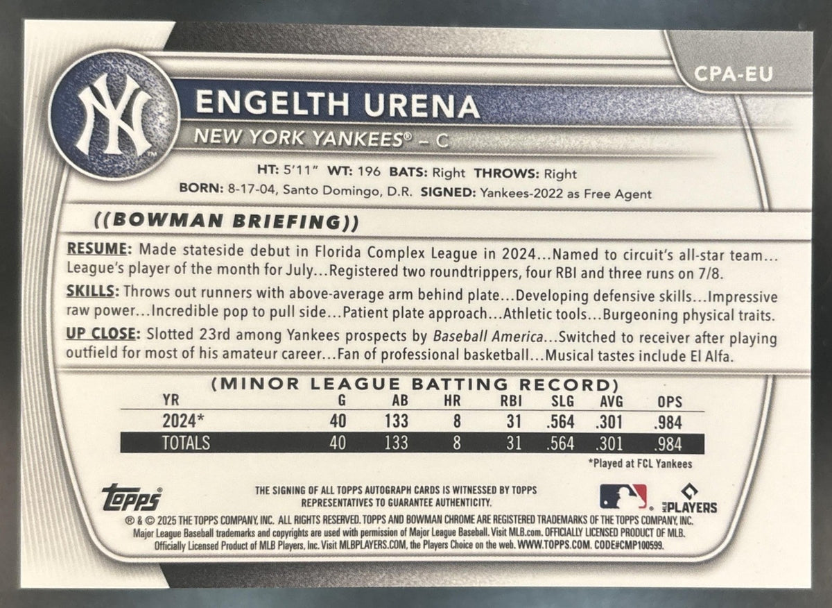 2025 Bowman Engelth Urena Chrome Auto #CPA-EU 1st Prospect New York Yankees