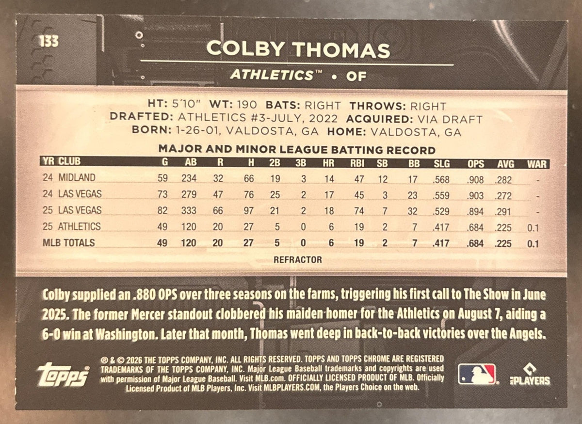 2026 Topps Chrome Black Colby Thomas Refractor /199 #133 RC Athletics