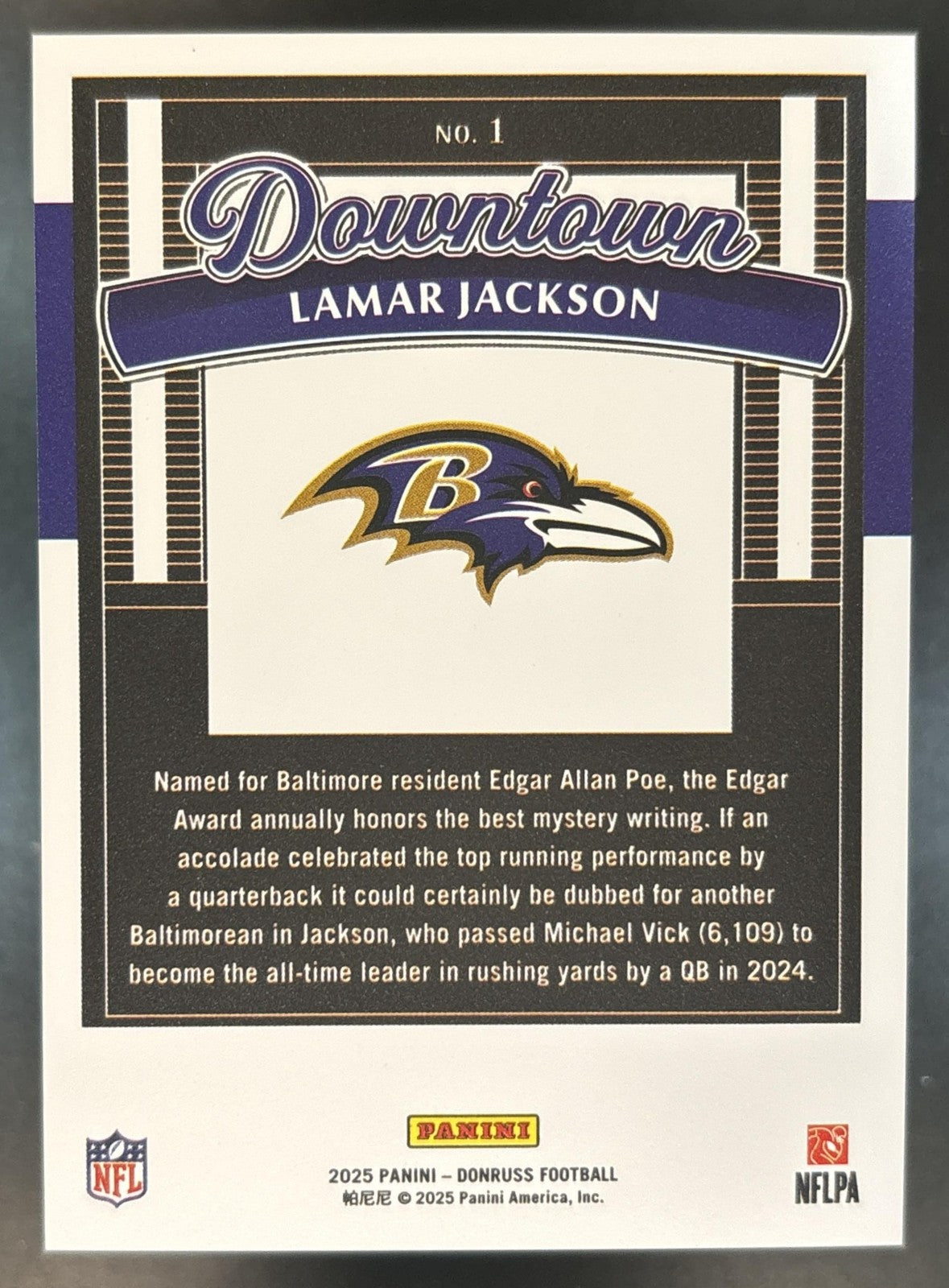 2025 Panini Donruss Lamar Jackson Downtown! SP #1 Baltimore Ravens