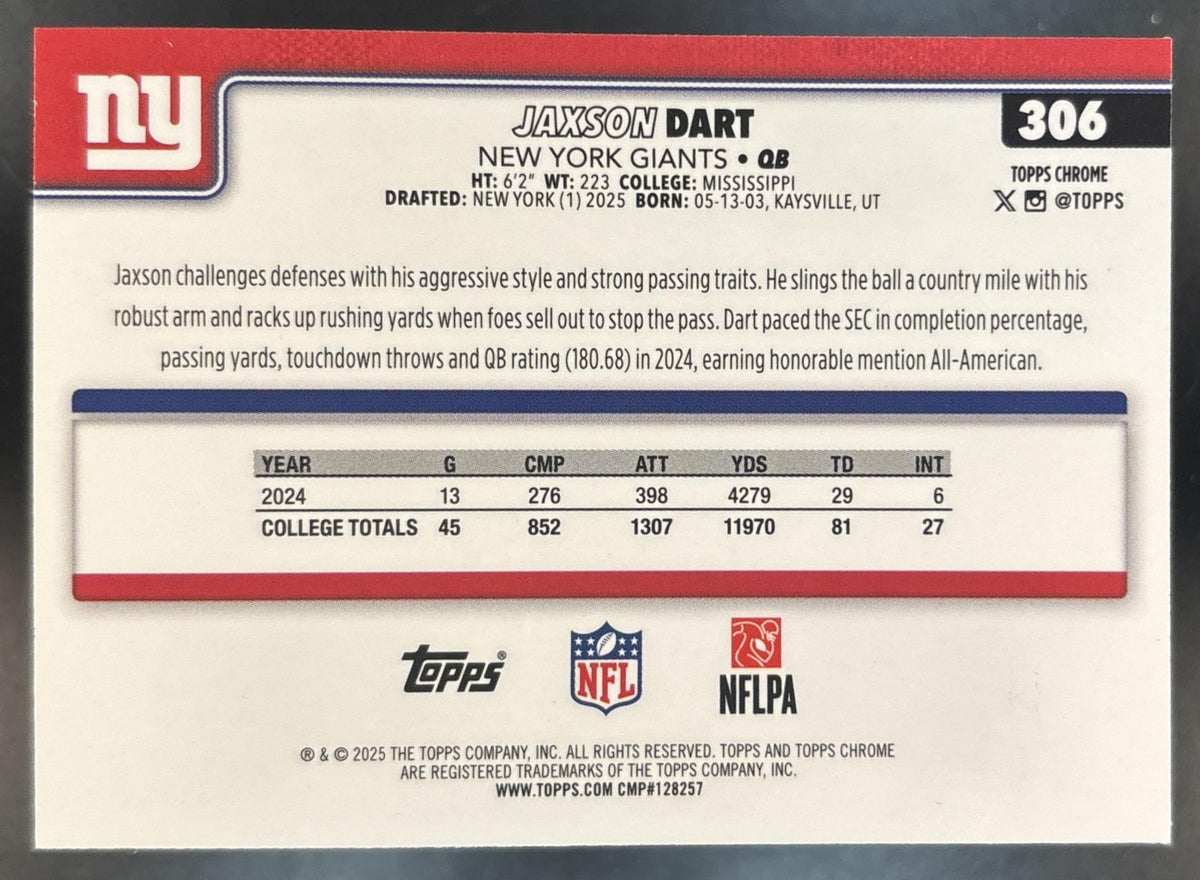 2025 Topps Chrome Jaxson Dart Rookie Pink Wave /250 #306 RC New York Giants