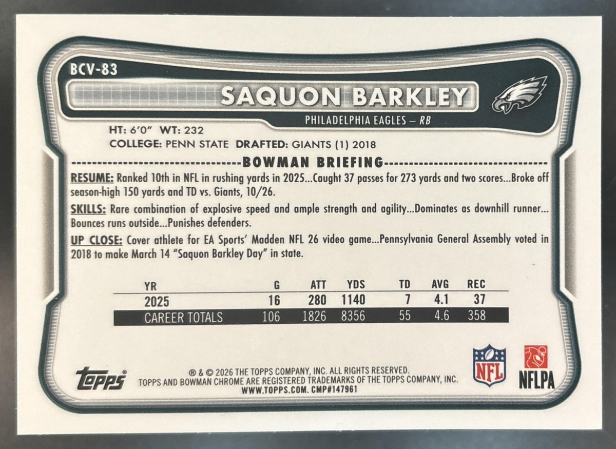 2026 Bowman Saquon Barkley Chrome NFL Aqua Mojo /199 #BCV-83 Philadelphia Eagles