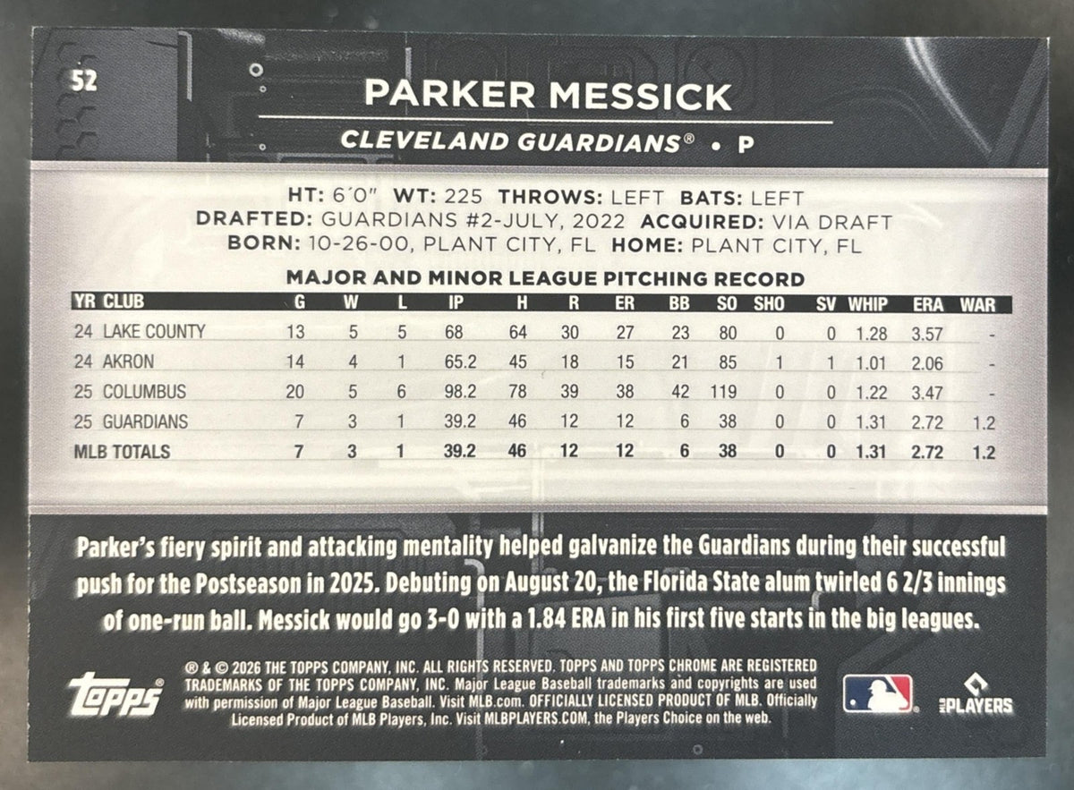 2026 Topps Chrome Black Parker Messick Green /99 #52 RC Cleveland Guardians