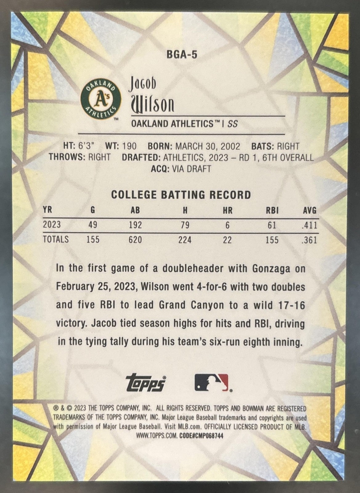 2023 Bowman Draft Jacob Wilson Glass #BGA-5 Oakland Athletics