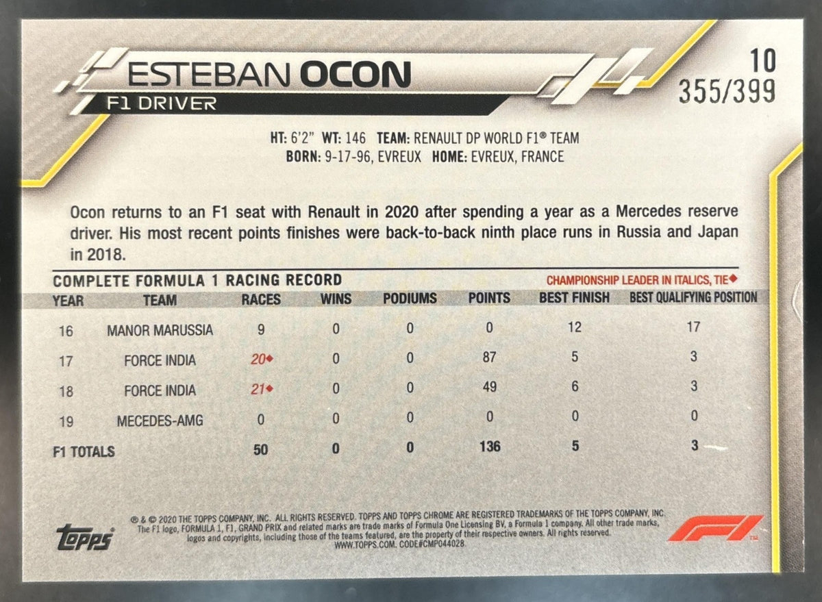 2020 Topps Chrome Formula 1 Esteban Ocon Purple Refractor /399 #10 Portrait VAR