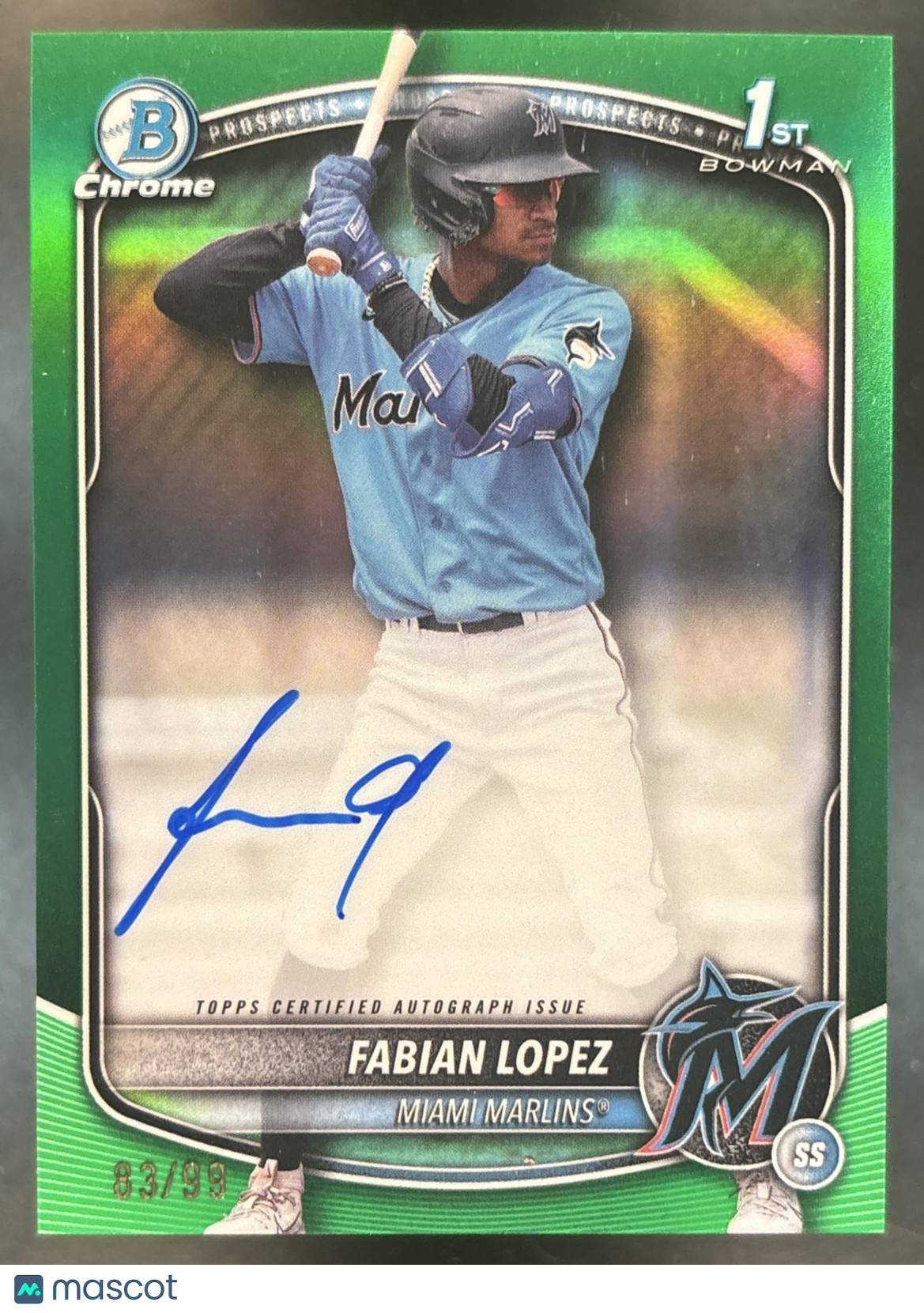 2025 Bowman Fabian Lopez Chrome Auto Green /99 1st Prospect Miami Marlins