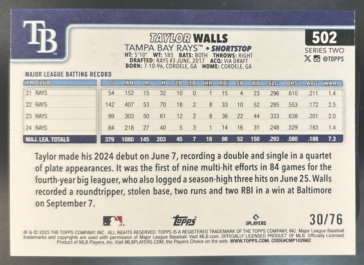 2025 Topps Taylor Walls Independence Day /76 #502 Tampa Bay Rays